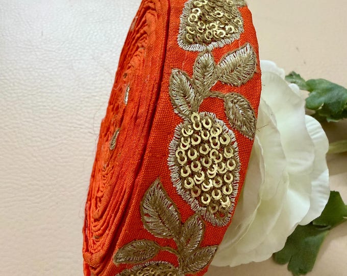 Orange Silk Lace Trim Gold Sequin Floral Embroidery - 9 Yards Roll