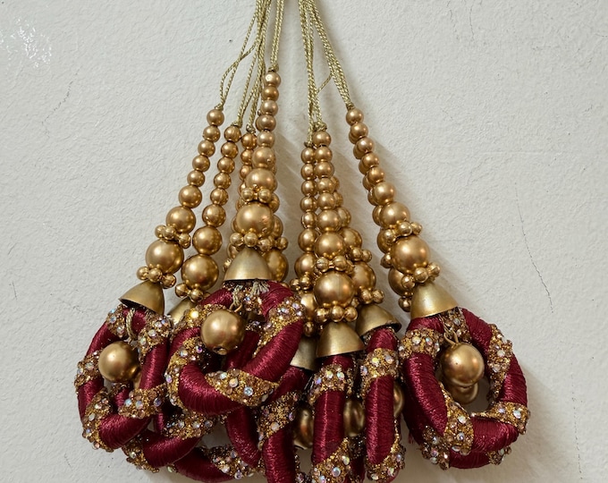 Maroon Silk Thread Latkans, Gold Zari Bridal Blouse Tassels - Set of 2
