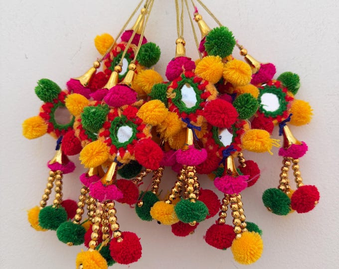 Handmade Mirror Work & Colorful Pom Pom Latkans - Pair of 2 Traditional Tassels for Lehenga