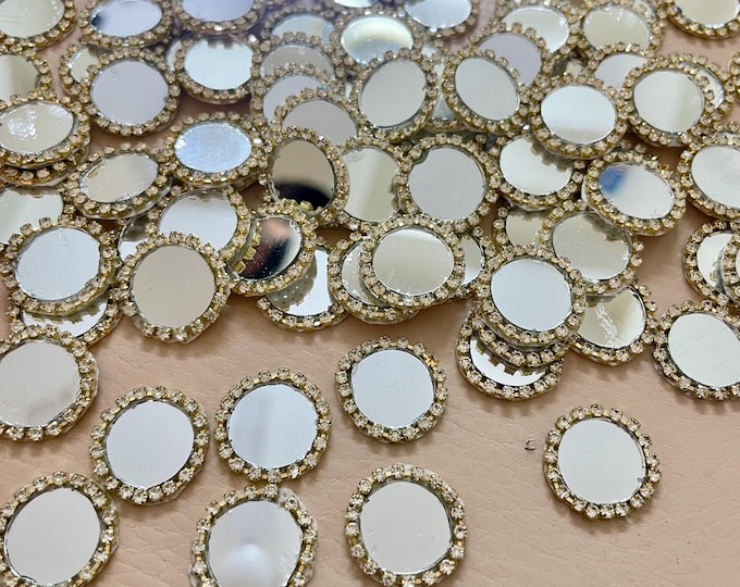 Rhinestone Mirror Patches | Gold Border, Indian Embellishments (25 Pack)
