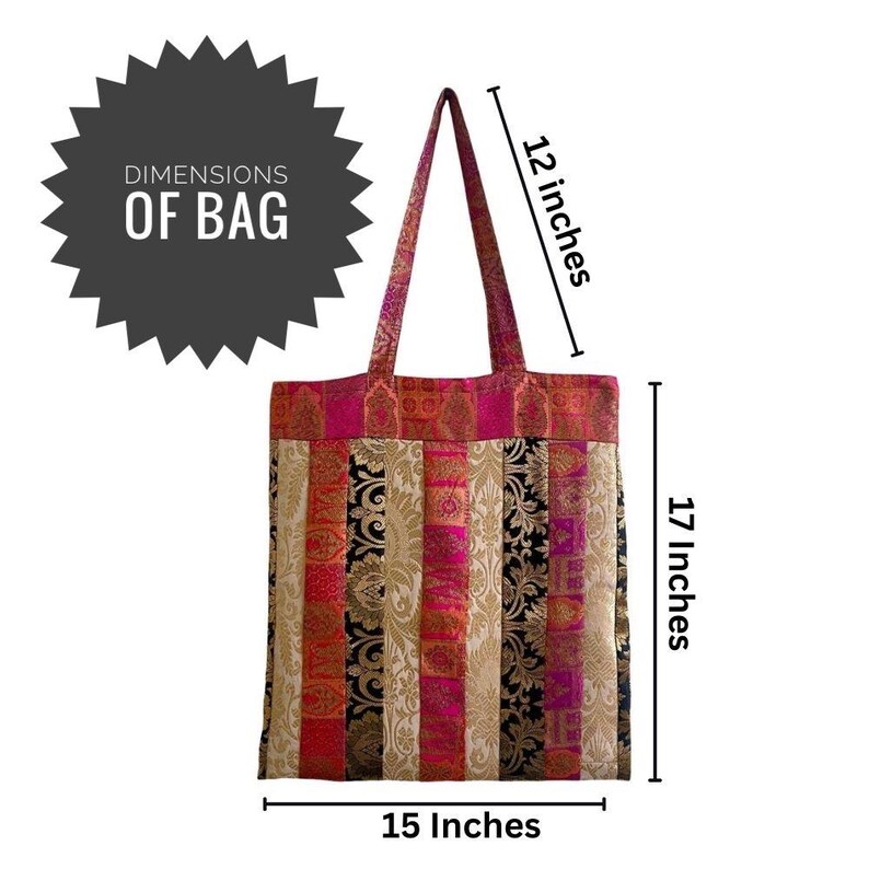 May include: A patchwork tote bag with a variety of patterned fabrics in shades of pink, gold, and black. The bag is 17 inches tall, 15 inches wide, and has a 12-inch handle. The text "DIMENSIONS OF BAG" is displayed.