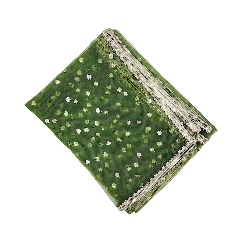 May include: A green sheer scarf with a white polka dot pattern and a gold lace trim.
