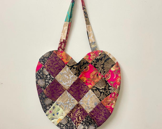 Heart Patchwork Tote Bag, Upcycled Brocade Silk Shoulder Bag