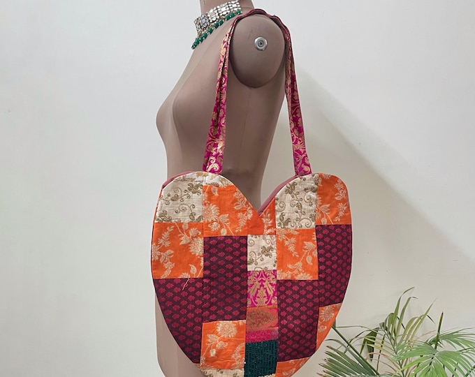 Heart Patchwork Tote Bag | Upcycled Saree Fabric Shoulder Bag