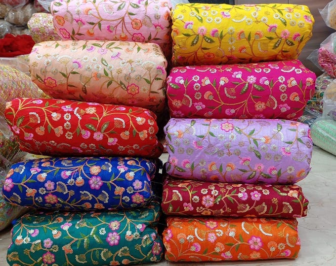 Floral Embroidered Raw Silk Fabric 44” wide Indian Designer Bridal Wedding Dresses Material by Yard