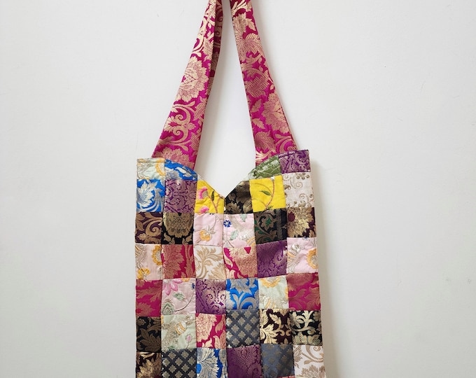 Handmade Upcycled Patchwork Tote Bag, Indian Silk Boho Handbag