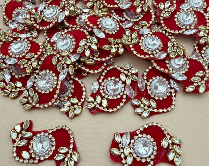 Red Velvet Kundan Crystal Applique Patch – Pack of 10
