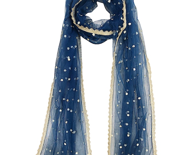 Peacock blue dupatta for women wedding shawl sequin embroidered net scarf for formal evening wrap bridal veil