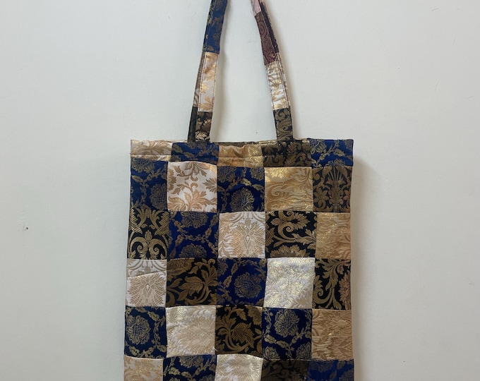 Brocade Patchwork Tote Bag – Upcycled Indian Silk & Gold Damask Shoulder Bag