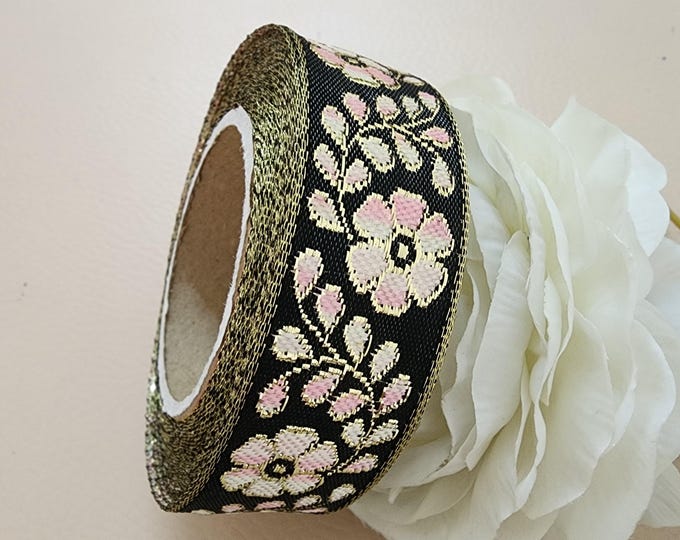 Black and Gold Floral Embroidered Trim, Pink Flower Lace, 9 Yards