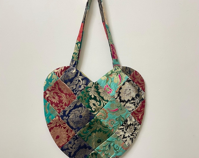 Handmade Upcycled Brocade Silk Heart Tote Bag, Patchwork Shoulder Bag