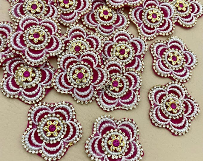 Pink Pearl Floral Beaded Embroidery Patches | Bridal Applique – Pack of 5