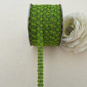 May include: A spool of bright green decorative trim with a repeating swirl pattern. The trim is a vibrant shade of green, with a slightly darker green accent. A white flower is in the background.
