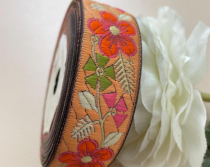 Peach Color Floral Trim Ribbon Roll 9 Yards