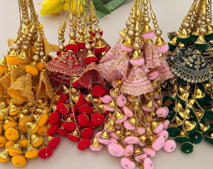 Embroidered Pom Pom Tassel Pair: Ethnic Lehenga Latkan, Gold Beaded Accents