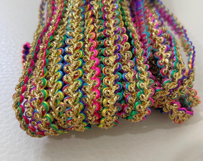 Multicolor Indian Braided Cord Trim - Gold Thread Dori, 3 Yards