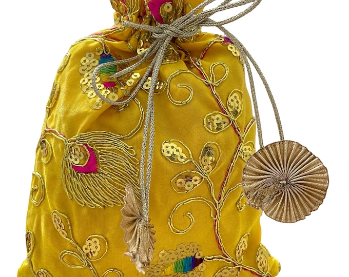 Yellow Drawstring Bag Embroidered Fabric Wedding Favors Traditional Travel Organiser Pouch