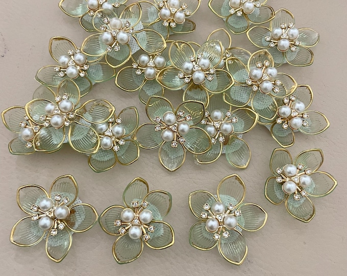 Mint Green Floral Appliques | Pearl Crystal Flower Embellishments, Pack of 5