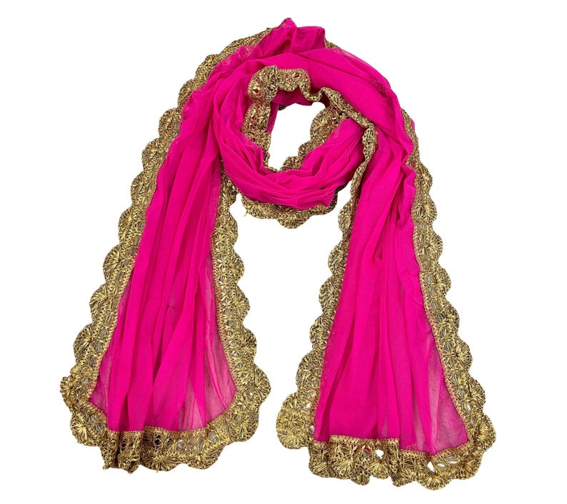 May include: A pink sheer scarf with a gold embroidered border. The border has a scalloped edge.