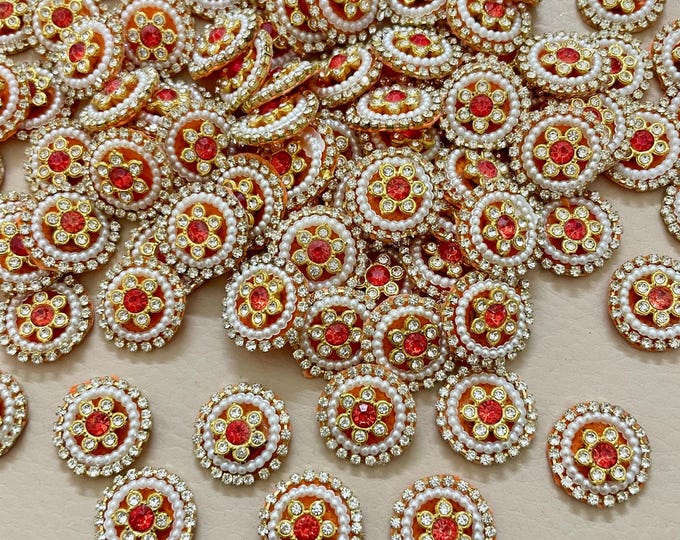 Orange Floral Rhinestone Appliques, Pearl Kundan Embellishments (25pc Set)