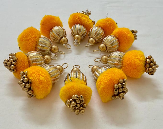 Yellow Latkan Pom Pom Tassels Gota Patti Indian Traditional Hangings - 10 Pcs