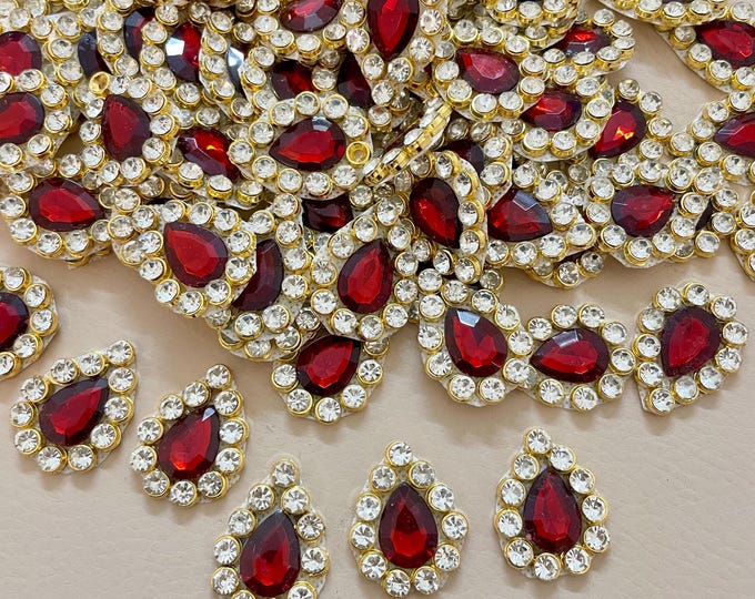 Red Teardrop Rhinestone Patches | Gold Crystal Embellishments, Pack of 25