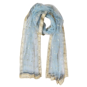 May include: A light blue sheer scarf with gold sequin accents and a gold border. The scarf is draped and appears to be made of a delicate, flowing fabric. The gold border adds a touch of elegance to the scarf.