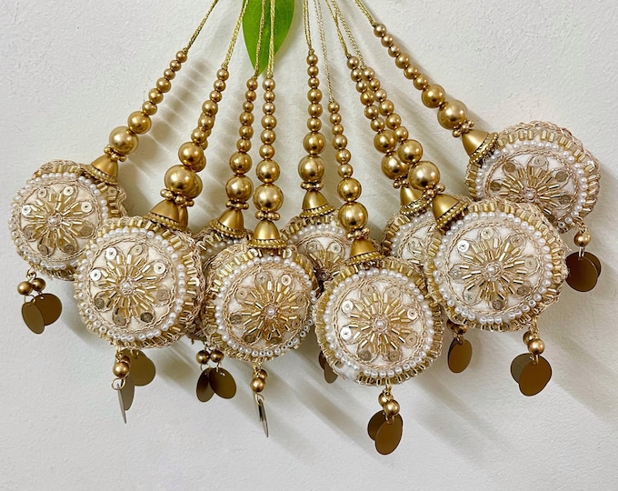 Gold Beaded Latkan | Pearl & Sequin Embellished Indian Bridal Hanging Tassels | Lehenga Blouse Saree Decor | Set of 2