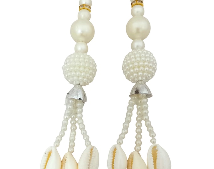 Pearl White Beaded Tassels with Seashells, Indian Fashion Latkan (Set of 2)