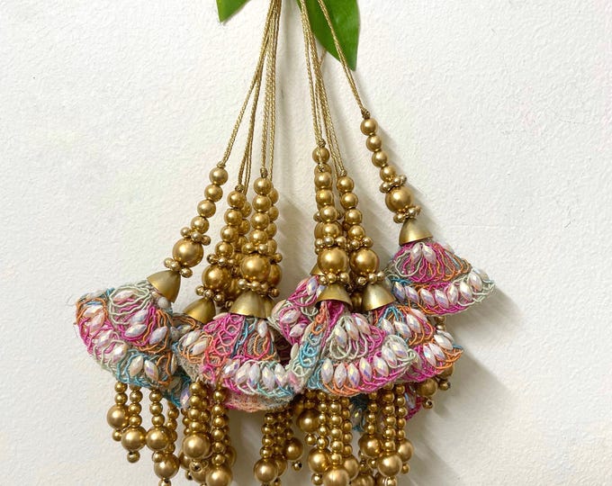 Gold & Pastel Latkans Embroidered Tassel for Lehenga, Blouse, or Dupatta –Set of 2 Tassels