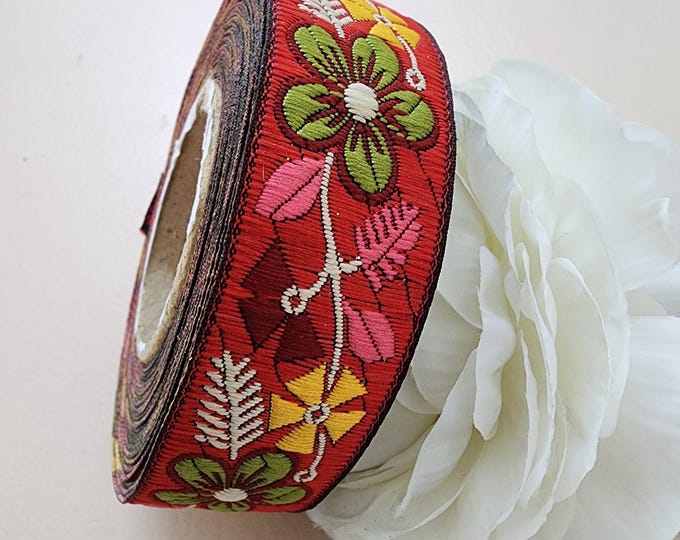 Red Floral Embroidered Trim, Bohemian Sewing Border, 9 Yards