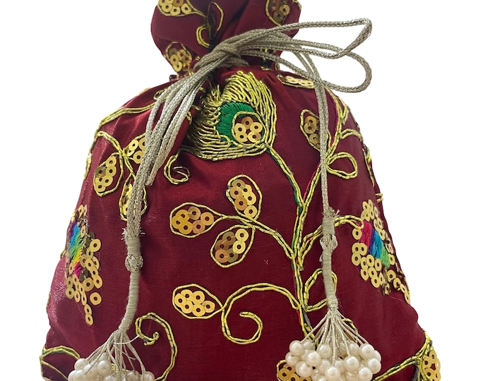 Maroon Silk Potli Bag | Peacock Embroidered, Indian Wedding Favor