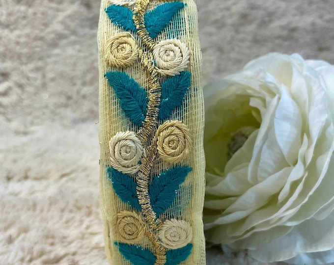 Ivory Teal Embroidered Floral Trim, Indian Sari Border, 9 Yards