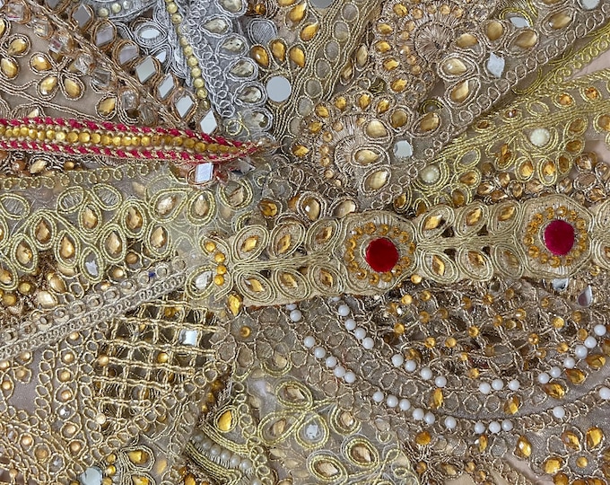 Indian Trim Variety Pack, Gold Scrap Stone Lace, Craft Embellishments (6in)