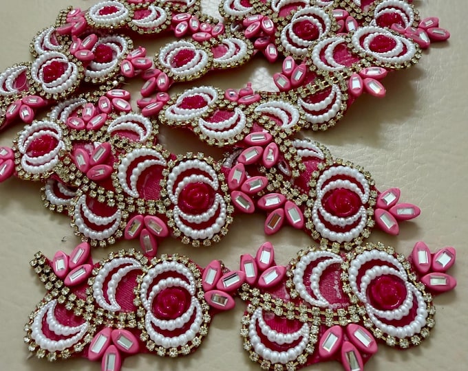 Pink & Silver Beaded Floral Appliques Motifs Craft Supply Patches - Pack of 10 Pcs