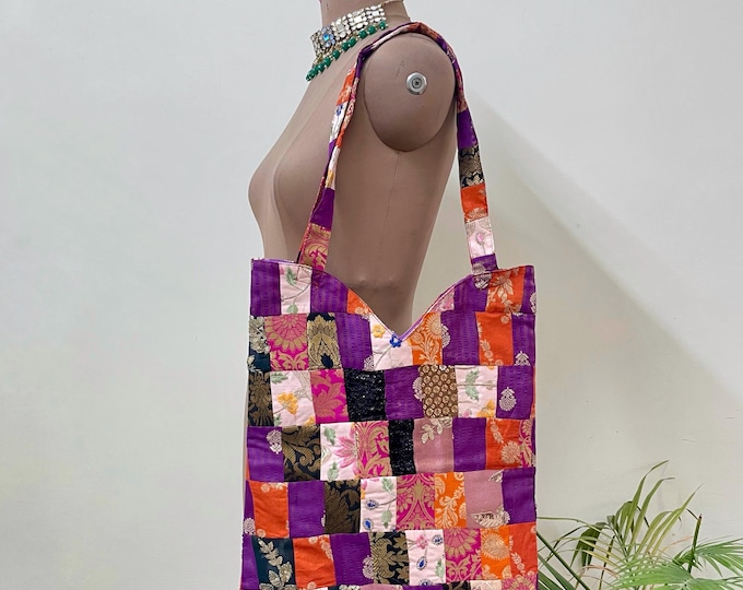 Upcycled Sari Silk Patchwork Tote Bag, Bohemian Shopper