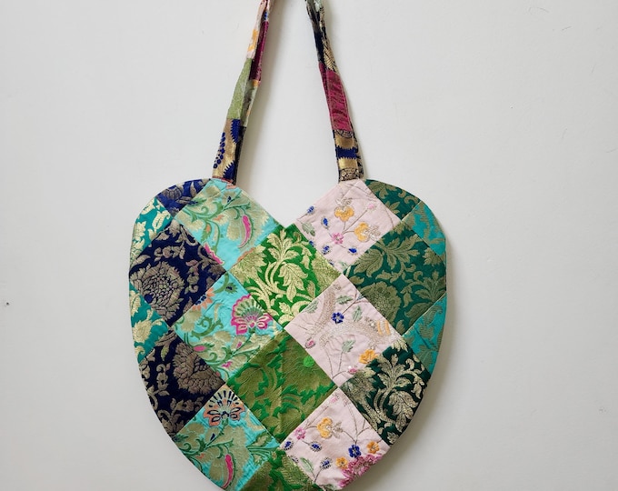 Handmade Heart Patchwork Tote Bag | Boho Shoulder Bag