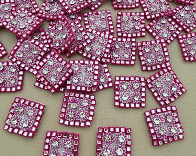 Pink Floral Rhinestone Patch Set – Pack of 25 Square Appliques
