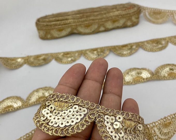 Scallop Gold Sequins work Embroidery Trim Lace by Yard Trims for Dress Designing Home Decor Art Craft Projects