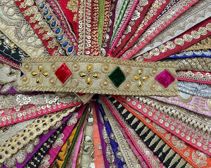 50 Pcs Pack Of Assorted Indian Trim Scrap Bag, Zari Lace, Velvet & Mirror, Craft Bundle