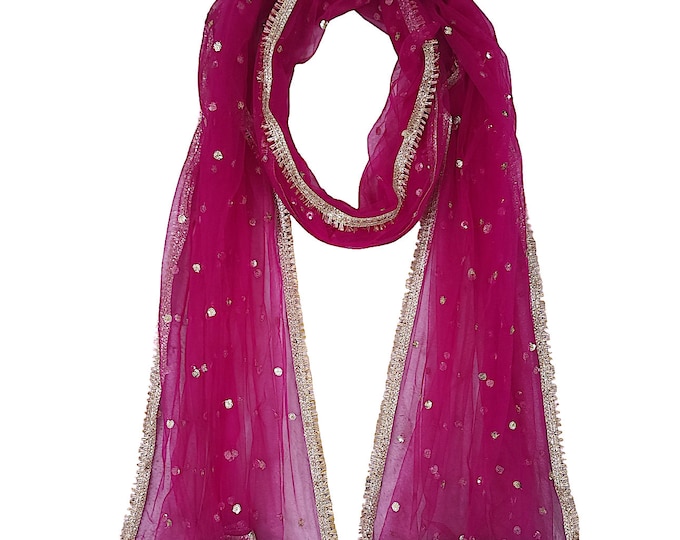 Magenta dupatta for women wedding shawl sequin embroidered net scarf for formal evening wrap bridal veil