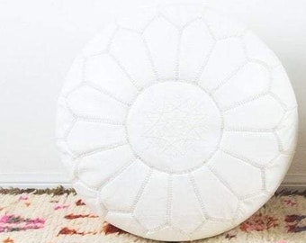 Moroccan leather Pouf, Berber Pouf, Round Pouf, White Pouf, Ottoman Leather Pouf 51cm x 51cm x 31cm