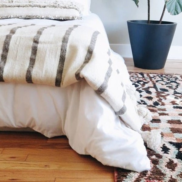 Wool Moroccan Pompom Blanket,pom pom Blankets,Throws Blanket,bedroom blanket,bedding,Wool blanket,Hand Woven Bed Cover by Berber Artisans