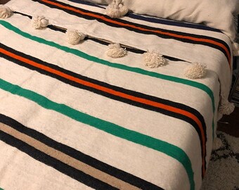 Wool Moroccan Pompom Blanket,pom pom Blanket,Throws Blanket,bedroom blanket,Boho Blanket,Bed Cover,Wool blanket, bed spread, woven blanket