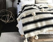Wool Moroccan Pompom Blanket,Moroccan Blanket,Throw Blanket,bedroom blanket,bedding blanket,blanket White and Black stripes and pompoms