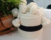 Wool Moroccan Pompom Blanket,Moroccan Blanket,Throw Blanket,bedroom blanket,bedding blanket,blanket White and Black stripes and pompoms