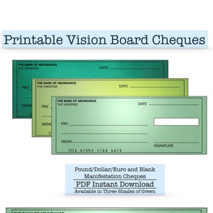 Green Vision Board Cheques - Printable Abundance Manifestation Tool (PDF)