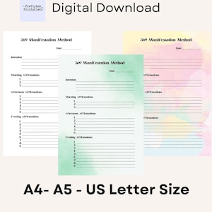 Könnte beinhalten: Druckbare 369 Manifestationsmethode-Journalseiten in grün, rosa und gelben Aquarelldesigns. Die Seiten enthalten Abschnitte für die Absicht, Morgenaffirmationen, Nachmittagsaffirmationen und Abendaffirmationen. Die Journalseiten sind für die Formate A4, A5 und US Letter konzipiert.