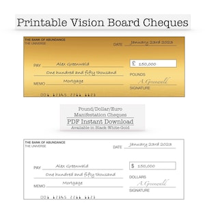 Manifestation Cheque in Pound/Euro/Dollar, Vision Board, Manifesting Tool, Law of Attraction, Black/White/Gold Abundance Check