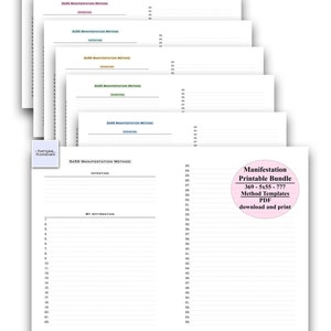 May include: A printable bundle of 5x55 manifestation method templates. The bundle includes 369, 5x55, and 777 method templates. The templates are designed to help you manifest your desires. The text on the image reads "Manifestation Printable Bundle 369 - 5x55 - 777 Method Templates PDF download and print"